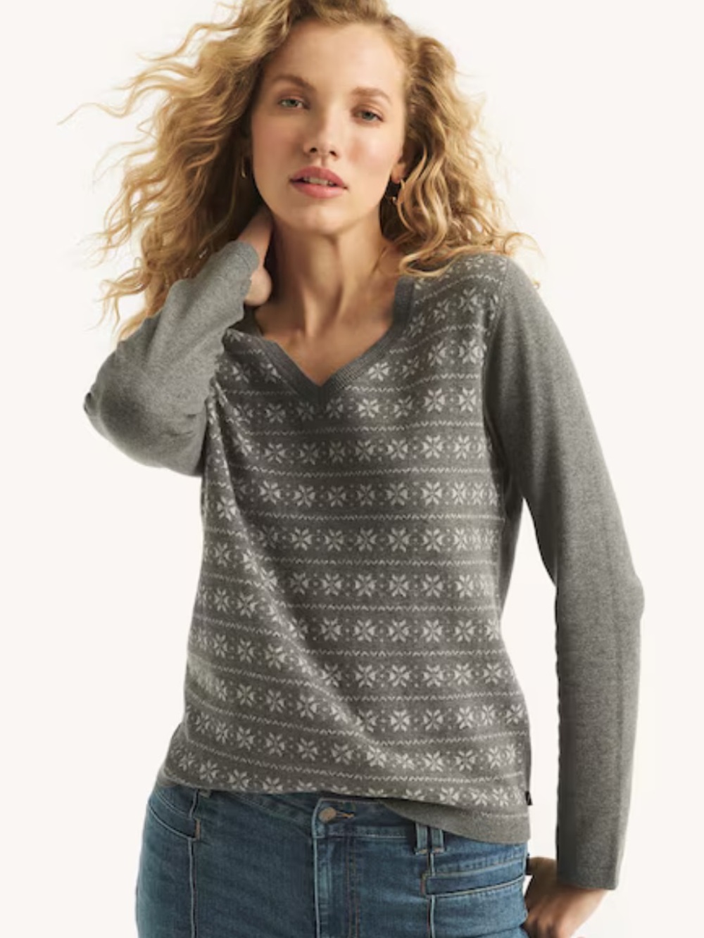 Nautica Jeans Snowflake Print V-Neck Sweater